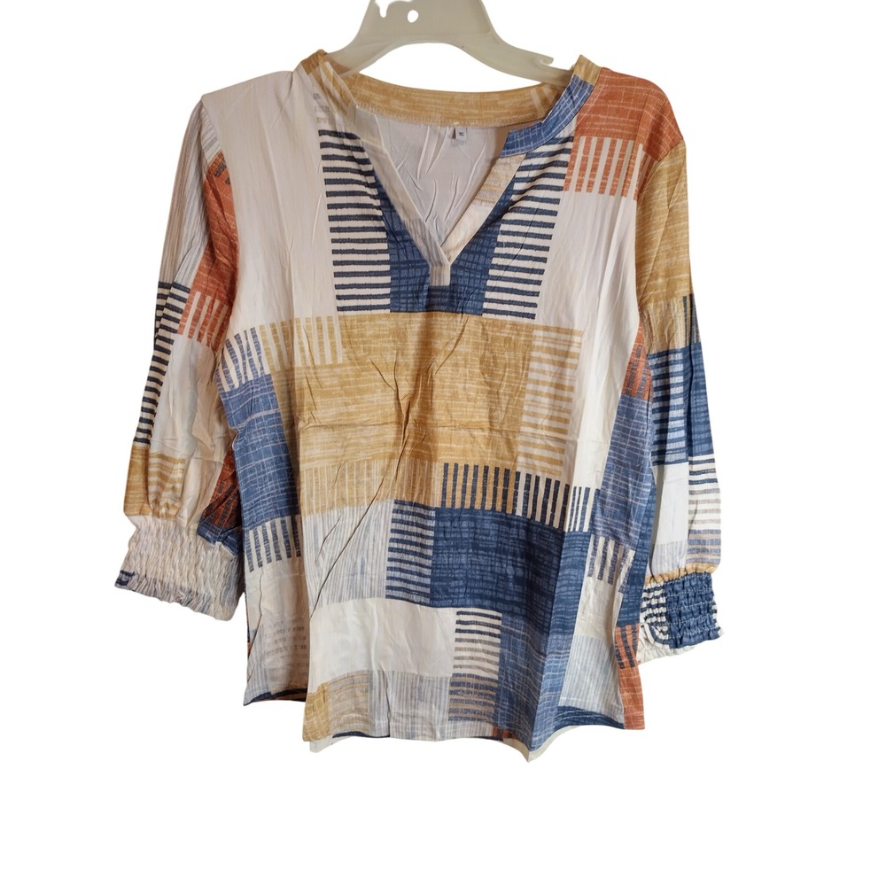 Women Geometric Patchwork Print Blouse Blue Mustard V-Neck Medium